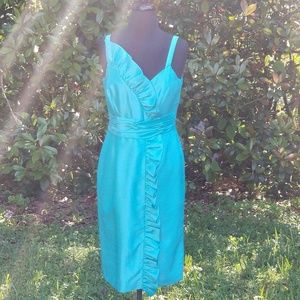 Evan Picone Ruffle Front Faux Wrap Blue Dress
